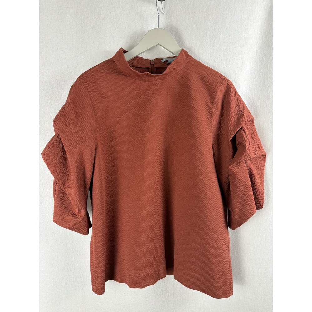 COS Rust Brown Textured Cotton Mock Neck Tiered Puff Sleeve Top Size 10